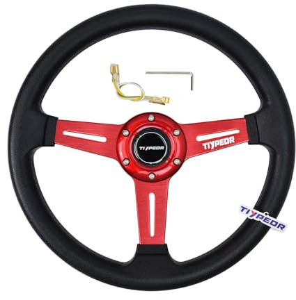 Tiypeor Racing Steering Wheel 13 330mm, 6 Bolt JDM Car Accessory with Red Grooved Spoke Bracket and Horn Button, for Racing Simulators, Rally, and Modified Cars