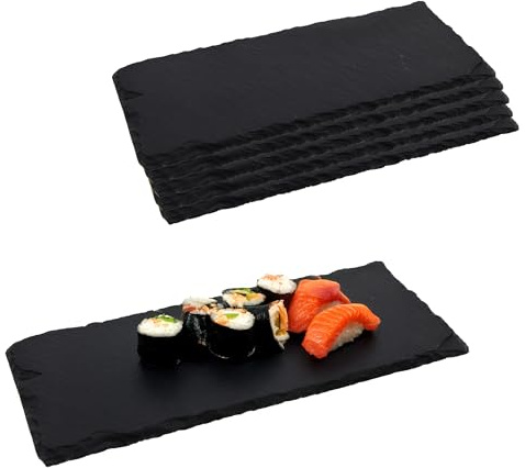 Lot de 6 plateaux de service en ardoise 25 x 10 cm Patins antidérapants Ardoise naturelle pour sushis, tapas et desserts Assiettes élégantes design épuré