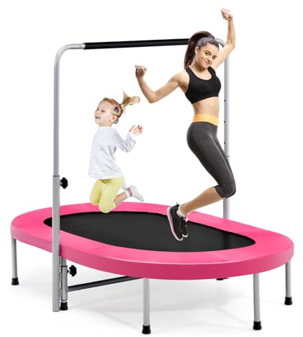 LIFEZEAL Trampolin für 2 Personen, Faltbares Doppeltrampolin mit Armlehnen, Ovales Sporttrampolin mit verstellbarem Griff, Fit Indoor Fitness Trampolin für Kinder und Erwachsene (Rosa)