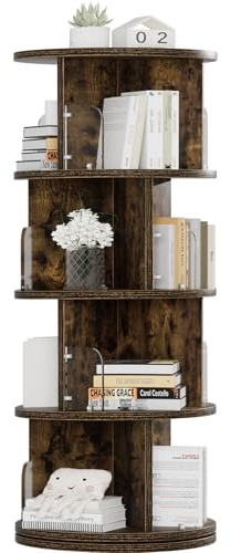 VECELO 4 Tier Revolving Bookshelf Tower, 360° Display Floor Standing Storage Rack with Acrylic Visible Window Partition for Bedroom, Living Room Home and Office, Brown