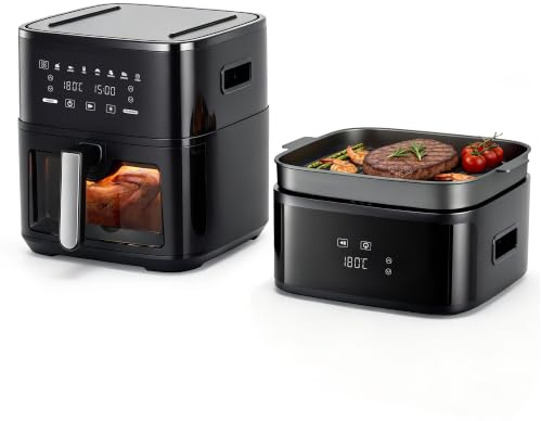 KEINVE Easy Fry & Grill Heißluftfritteuse, 2-in-1 Technologie (Air Fryer und Grill), Digitales Display, 8 Liter, 8 Kochprogramme, energiesparend, ohne Öl, schwarz
