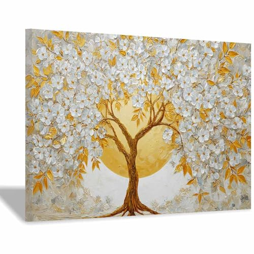 HOQIU decorazione da parete Albero d'oro, fiori bianchi, pittura ad olio strutturata albero della vita quadri, quadri in tela, per cucina, soggiorno e bagno(bianco)-30x40cm Incorniciato