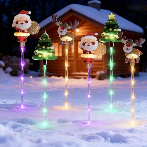 CHENRI 6er-Pack bewegliche Weihnachtslichter, Gartenstecker Solar Außen Weihnachten, 8 Modi Solar Weihnachtsbeleuchtung mit beleuchteten Baumstämmen, Wasserdicht Solarlampen für Garten, Hof Dekor (A)
