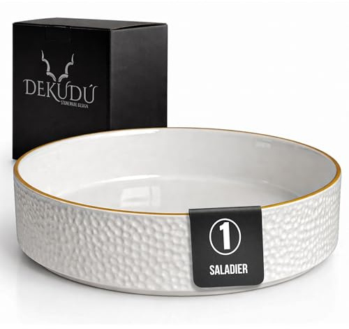 DEKUDÙ Ensaladera Ceramica Bol Ensalada Grande Frutero Ceramica Platos Vajilla - Gres de Calidad - Fabricados a Mano - 1 Pieza de 25 cm - Gran Dureza Apta Lavavajillas Microondas - Color Blanco