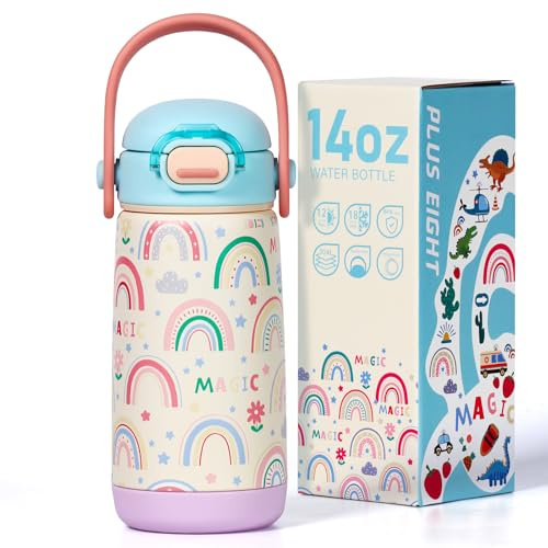 pluseight Borraccia termica per bambini con coperchio e manico con cannuccia, 420 ml, senza BPA, a doppia parete, in acciaio inox 18/8, a prova di perdite, tazze per bambini per scuola e viaggi