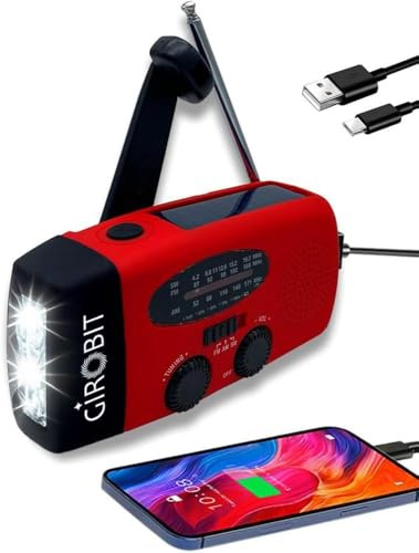 Radio Solar de Emergencia con Palanca – Linterna con 3 potentes Luces LED, Alarma SOS, Carga: USB, Manivela y Energía Solar | Am/FM | Batería Recargable de 2000 mAh | Sin Pilas (Rojo)