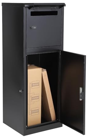Large Black Freestanding Mailbox with Lock, Galvanized Steel Parcel Drop Box, Anti-Theft, Weather-Resistant Outdoor Package Storage for Porch or Curbside, 16.1x 15.7x 43.5