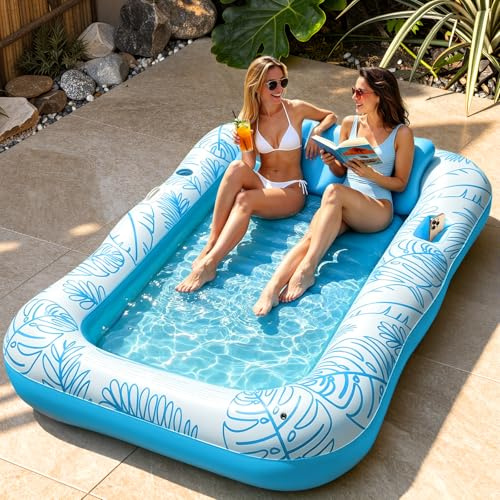 Inflatable Tanning Pool Lounger Float for Two Adult, 84 x 56 X-Large Sunbathing Tanning Bed Inflatable with Pillow Cup Holder&Phone Slot,Suntan Tub Raft Floatie, Pool Float for Garden, Pool & Beach