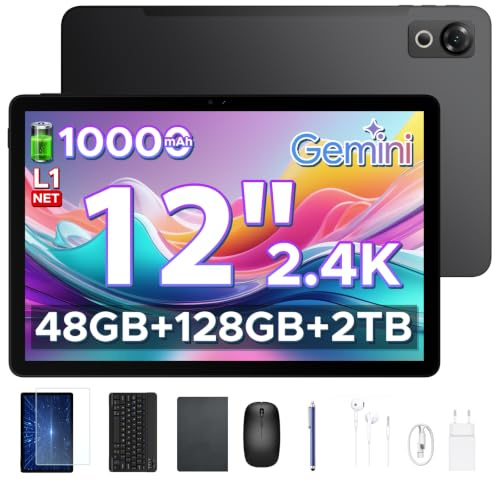 POPUX P12 Tablet 12 Pulgadas, 2.4K 120Hz,48GB RAM + 128GB ROM(TF 2TB),Tablet Android 16, Gemini AI, T7280 Octa-Core, 10000mAh, 13MP+8MP, Face ID, Widevine L1, Tablet con Teclado y Lápiz, Negro
