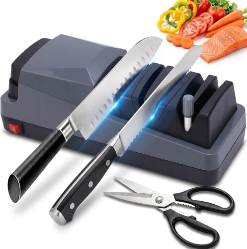 Afilador eléctrico de cuchillos de 48 W, afilador automático de cuchillos de cocina de 3 niveles para cuchillos y tijeras, con barra de cerámica extraíble para herramientas de exterior, gris