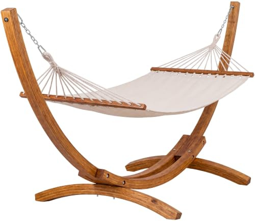CLP Hängematte mit Gestell Herriman, freistehendes Holzgestell aus Eukalyptus, für Garten und Terrasse, für 2 Personen, belastbar bis 160 kg, Farbe:Creme
