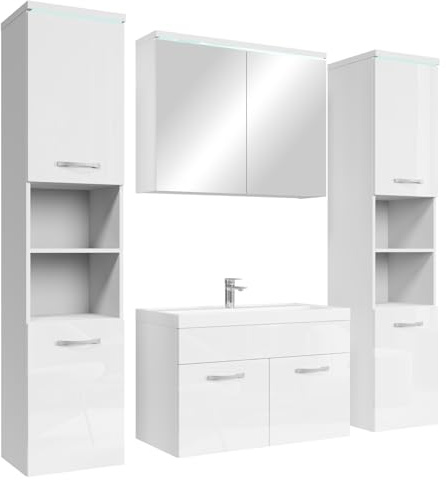 Badplaats B.V. Conjunto de Muebles de baño Paso XL 80 x 40 cm - Blanco Alto Brillo - Mueble de baño con Mueble Espejo y armarios Laterales