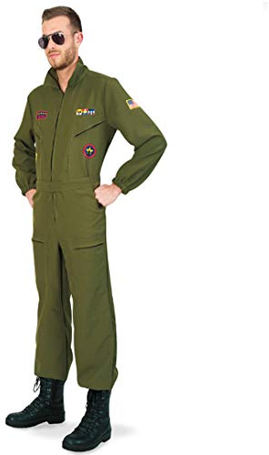 KarnevalsTeufel Kampfpilot Olivgrün Overall für Herren mit Brille