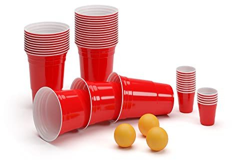 BeerCup Bierpong Becher Set, 200 Bierpong Becher, 200 Red Cups, Bierpong Becher Set Spülmaschinenfest, Partybecher, Wiederverwendbare Beer Pong Becher, Beerpongbecher in Rot und 12 Bälle