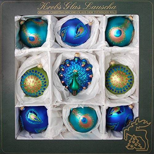 Krebs Glas Lauscha - Pfauensortiment - Glaskugeln - Weihnachtskugeln - Weihnachtsschmuck - Vögel (Kugeln + Blaue Figur)