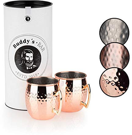Buddy´s Bar - Moscow Mule Becher, 500 ml, hochwertiger Edelstahl-Becher, lebensmittelecht, Hammerschlag-Effekt, Cocktail-Tasse inkl. Geschenkbox, gehämmert, Kupfer Poliert, 2er Set