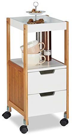 Relaxdays Carrellino con Cassetti, Carrello da Bar, Tavolino Mobile, Legno MDF, Bambù, HLP: 69x30x30 cm, Bianco