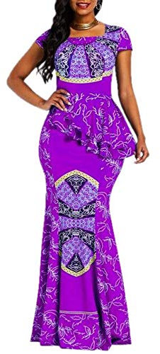 VERWIN Cap Africain Manches Cou carré Longueur Plancher géométrique sirène Maxi Robe Longue (Grande, Violet)