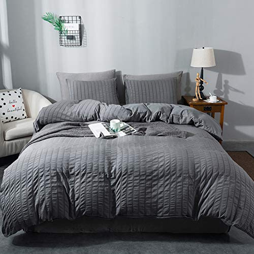 AveLom Queen Duvet Cover Set, 3 Pieces - 90 x 90 in, Dark Gray Microfiber with Zipper and Ties