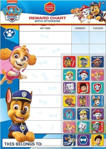 Paper Projects 01.70.30.024 Paw Patrol Belohnungstafel für den Alltag und 56 glitzernde Aufkleber, Mehrfarbig, 29.7cm x 42cm