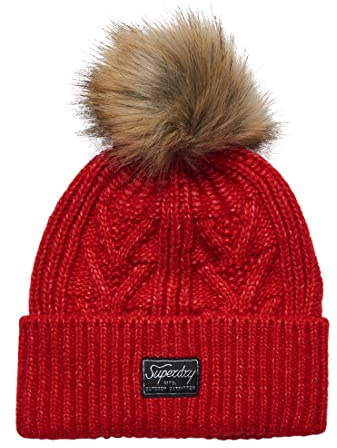 Superdry Damen Luxuriöse Beaniemütze mit Zopfmuster Feuerrot Meliert 1SIZE