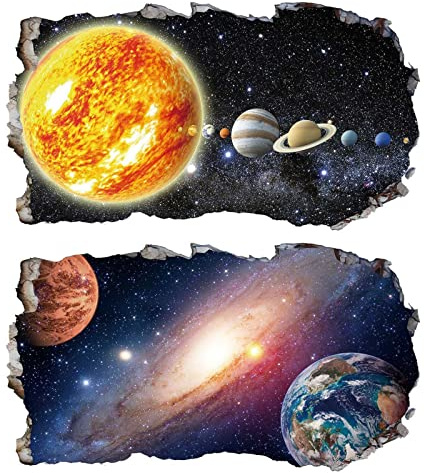2Pcs Weltraum Erde Planeten Space Wandtattoo 3D Effekt V08 Wandsticker XXL Fenster Wandaufkleber Universum Sterne für Kinderzimmer Jungenzimmer mädchenzimmer Groß 1000mmx580mm