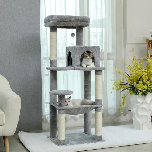 PAWZ Road 143cm Cat Tree for Indoor Cats with Metal Frame Large Hammock, 56.3 Inches Big Cat Tower with Scratching Posts and Top Perch, 4.7ft Multi-Level Activity Center with Replaceable Pompon, Grey