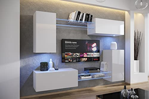 Furnitech Wohnwand Wohnzimmer | Wohnzimmer Möbel mit LED Weiß | Hängend Wohnwand Modern | Wohnzimmer Schrankwand mit Regale und TV Schrank (AN57N-21W-HG2-1A)