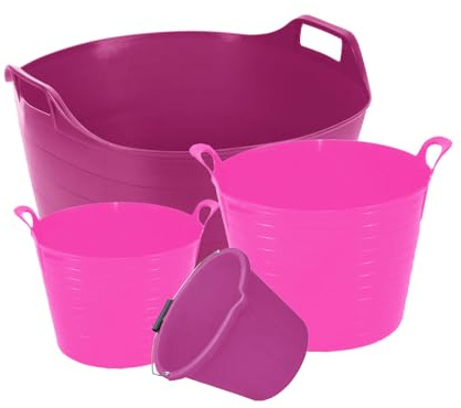 M1SS Pink Colour 26L, 42L, 75L Flexi tub with 3 Gallon Bucket - Garden Home Flexible Plastic Storage Container Bucket Tub Trug Horse Feeder Water Bucket for Cleaning, Bath, Fishing (set of 4)
