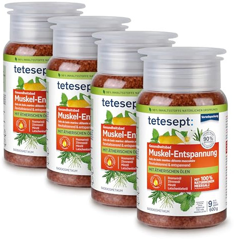 tetesept Meersalz Muskel-Entspannung – 4 x 600 g – Revitalisierendes Gesundheitsbad mit ätherischen Ölen – Entspannender Badezusatz mit naturreinem Meersalz