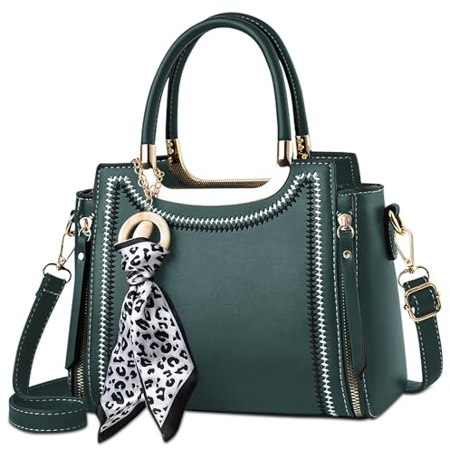 SODOLLEE Handtasche Damen Henkeltaschen mit Seidentuch Anhänger Elegant Umhängetasche PU Leder Schultertasche für Reisen Shopper Arbeiten Grün