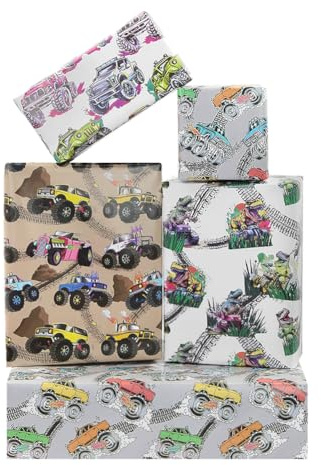 Monster-Truck-Geschenkpapier für Jungen, Herren, Kinder, Rennwagen, Geburtstagsgeschenkpapier, Monster-Truck-Designs, Geschenkpapier, 8 Blatt, flach gefaltet, 50 x 70 cm, für Geburtstag, Babyparty