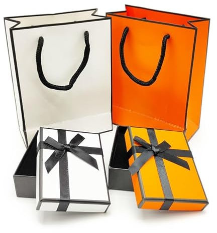 EUPSIIU 2 kleine Geschenkboxen und 2 Geschenktüten, Schmuck-Geschenkbox mit Griff, Halskette Ohrring Geschenkbox Klein Geschenkschachtel für Schmuck,für Armband Geschenkverpackung (weiß, orange)