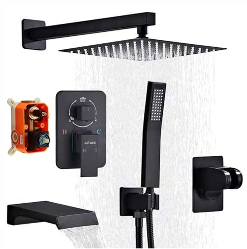 Shower Faucet Set Complete, Shower System Black with 12 inch Square Rainfall Shower Head 3-Function Handheld Shower Waterfall Bathtub Spout Rain Shower Combo Bathroom Wall Mounted fit All Valve Types