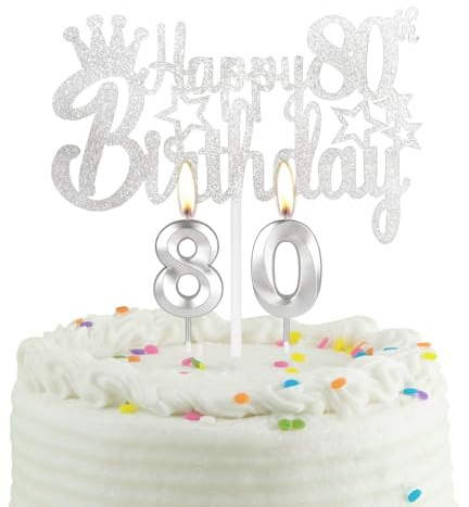 80th Silver Birthday Cake Candle Topper, Party Decoration for Boys, Girls, Men, Women - Wedding Anniversary