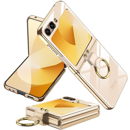 Miimall for Samsung Galaxy Z Flip 7 FE/Z Flip 6 Case, Flip7 FE Case with Ring Holder, Hard PC Electroplated Clear Thin Slim Fit Shockproof Bumpe Protective Cover for Galaxy Flip6-Champagne