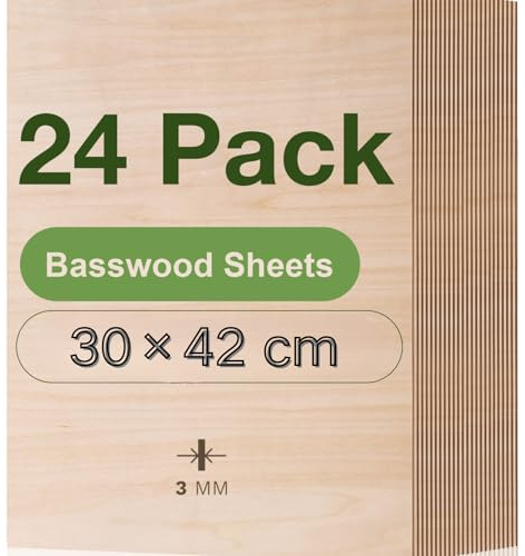 ROBOTIME 3mm Plywood Sheets Cut to Size A3 24 Pack Wood Burning Model Making Laser Ply Material, Thin Wood Sheets for Craft Projects