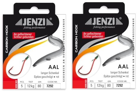 Set 2 Packungen gebundene Aal Haken von Jenzi, (10 Stück) an geflochtener Schnur Vorfach fertig + gratis Petri heil! Aufkleber.