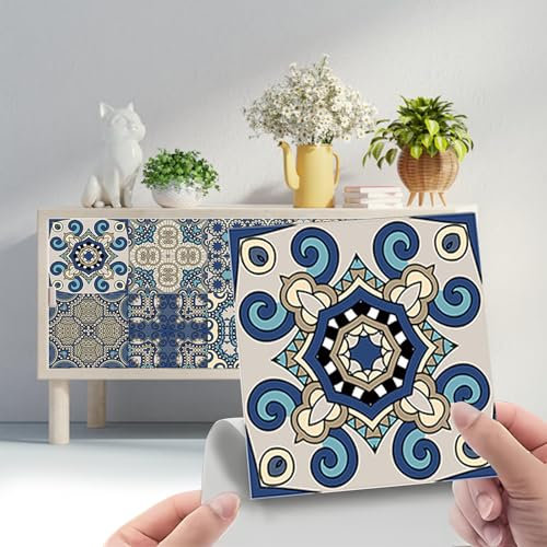 AIAUXAI Adesivi per Piastrelle 10 Pezzi 10x10CM Blu Prussiano Decorazione Murale in PVC Impermeabile Mosaico Stile per Cucina Bagno Scale Armadi