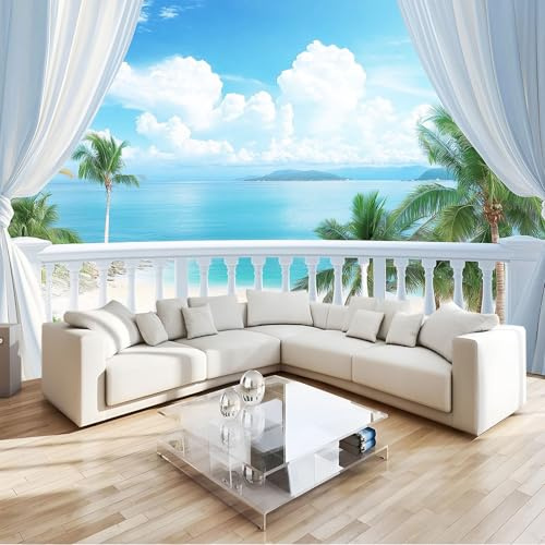 Moda Art Papel Tapiz Balcón Vista Al Mar Desde La Ventana Azul Arte 3D Mural De Papel Pintado 300x210 cm Fotomural Decoración De Papel Tapiz Fondo de Pared de Tv de Fotografía