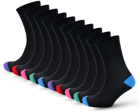 10 Pairs Womens Crew Socks Cotton Rich with Colour Heels Toes | Indoor/Outdoor Sports, Athletic Wear, Home Workouts & Everyday Casual | Soft, Durable & Quick Drying | Black Socks Womens 4-7