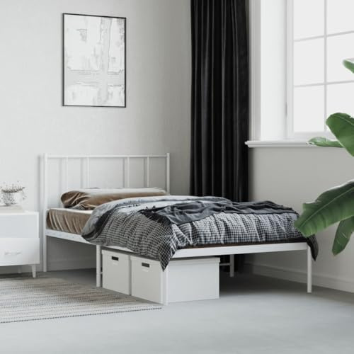 Myheimly Bettgestell, Bettrahmen mit Kopfteil Fußteil, Metallbett Bett mit Lattenrost, Doppelbett Gästebett Schlafzimmer, Metall Weiß,mit Kopfteil,80 x 200 cm