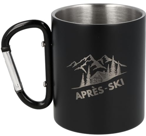 Spruchreif | Edelstahlbecher mit Karabinerhaken Henkel mit Gravur Après Ski“| Geschenk Ski | Skiurlaub