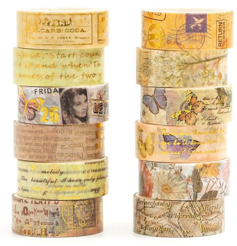 Songdao Washi Tape,12 Rollen Washi Klebeband Set Dekoratives Washi-Tape Niedliche Goldfolie Dekorative Masking Tape für DIY Art & Crafts (Vintage-Eleganz)
