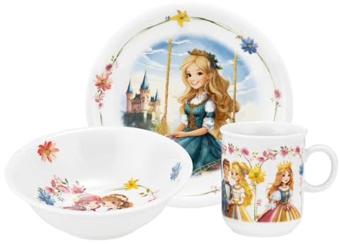 Seltmann Weiden 001.774989 Compact Prinzessin Kinder-Set 3-teilig, Teller (19 cm) Schale (16 cm) und Henkelbecher (250 ml) für Kinder, Porzellan, Bunt