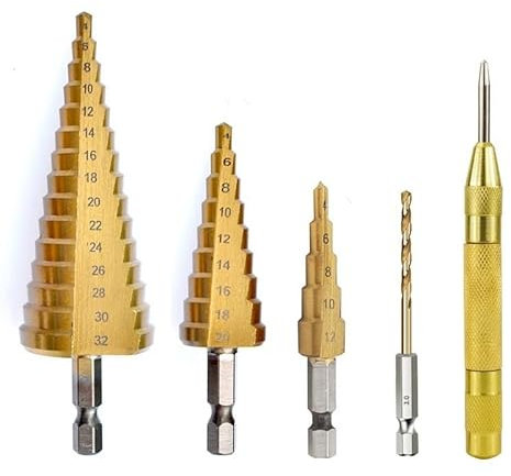 5Pcs 4-32mm HSS Straight Groove Step Drill Bit Center Punch Set Titanium Coated Wood Metal Hole Cutter Core Cone Drilling Tools