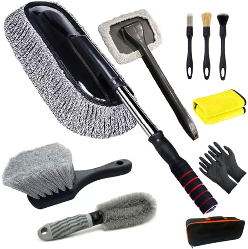 Wootap Kit de limpieza de coche de 10 piezas, kit de plumero multiusos para coche, herramienta de limpieza de ventanas de coche, cepillos de detalles de coche, camión, motocicleta, bicicleta, juego de