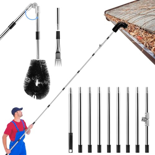 Jellybibo 4M Telescopic Gutter Cleaner Kit, Adjustable Angle Pole with Brush & Scoop for Removing Leaves, Debris & Spider Webs, Roof Gutter Cleaning Tool for Gardens, Ditches, Villas & Townhouses