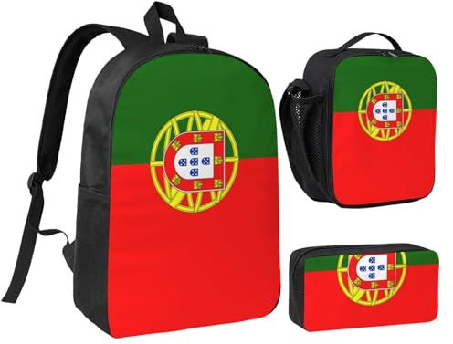 LXqlSS Mochila con estampado de bandera portuguesa para uso diario, juego de 3 mochilas con lonchera y estuche para lápices