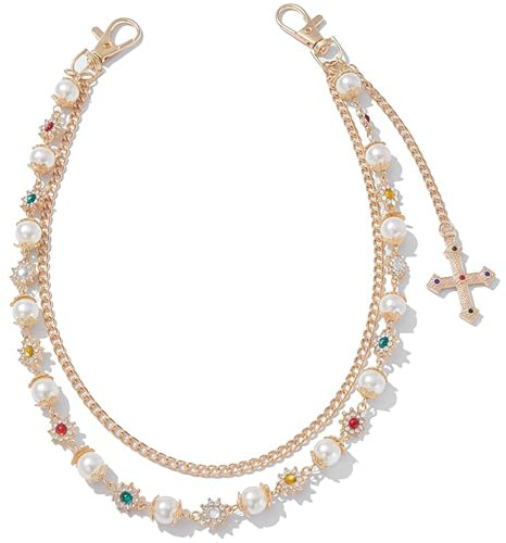 AstraGlam Modische Mehrlagige Hosenkette Wallet Chain Taschenanhänger – Exquisite Punk Gold Silberkette mit Strassblumen Perlen, Gürtelkette für Damen Herren, Niedliche Bag Charms Schmuck